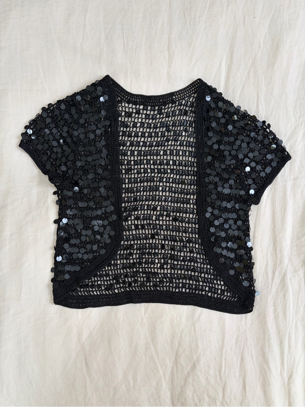 Black Sequin Open Knit Short Sleeve Cardigan Top
